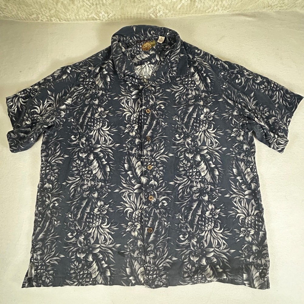 Caribbean Pineapple Floral Silk Cotton‎ Blend Button Up Shirt Men's XL